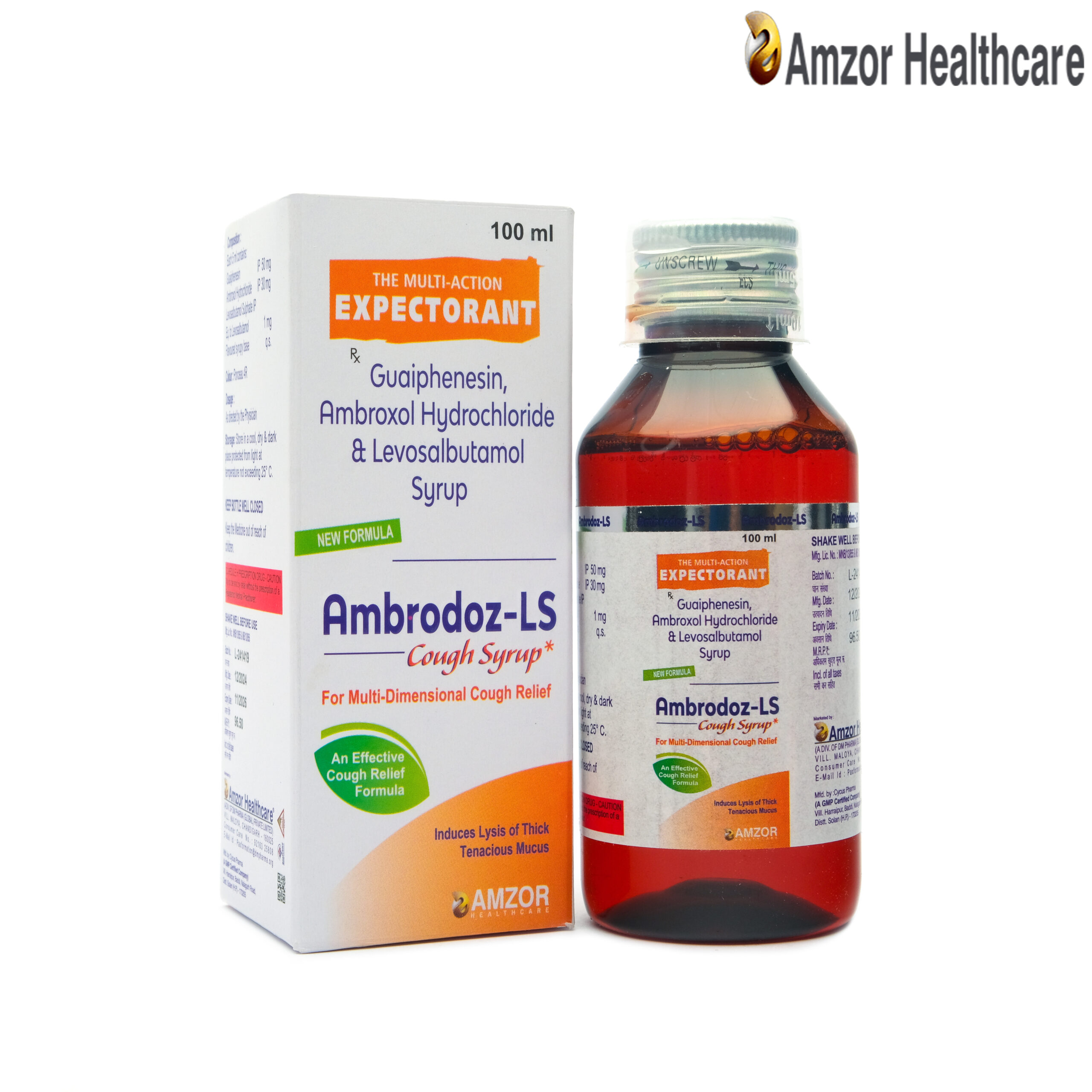 Ambrodoz-LS | Guaiphenesin, Ambroxol Hydrochloride & Levosalbutamol Syrup | By Amzor Healthcare | PCD Pharma Franchise Company in Chandigarh
