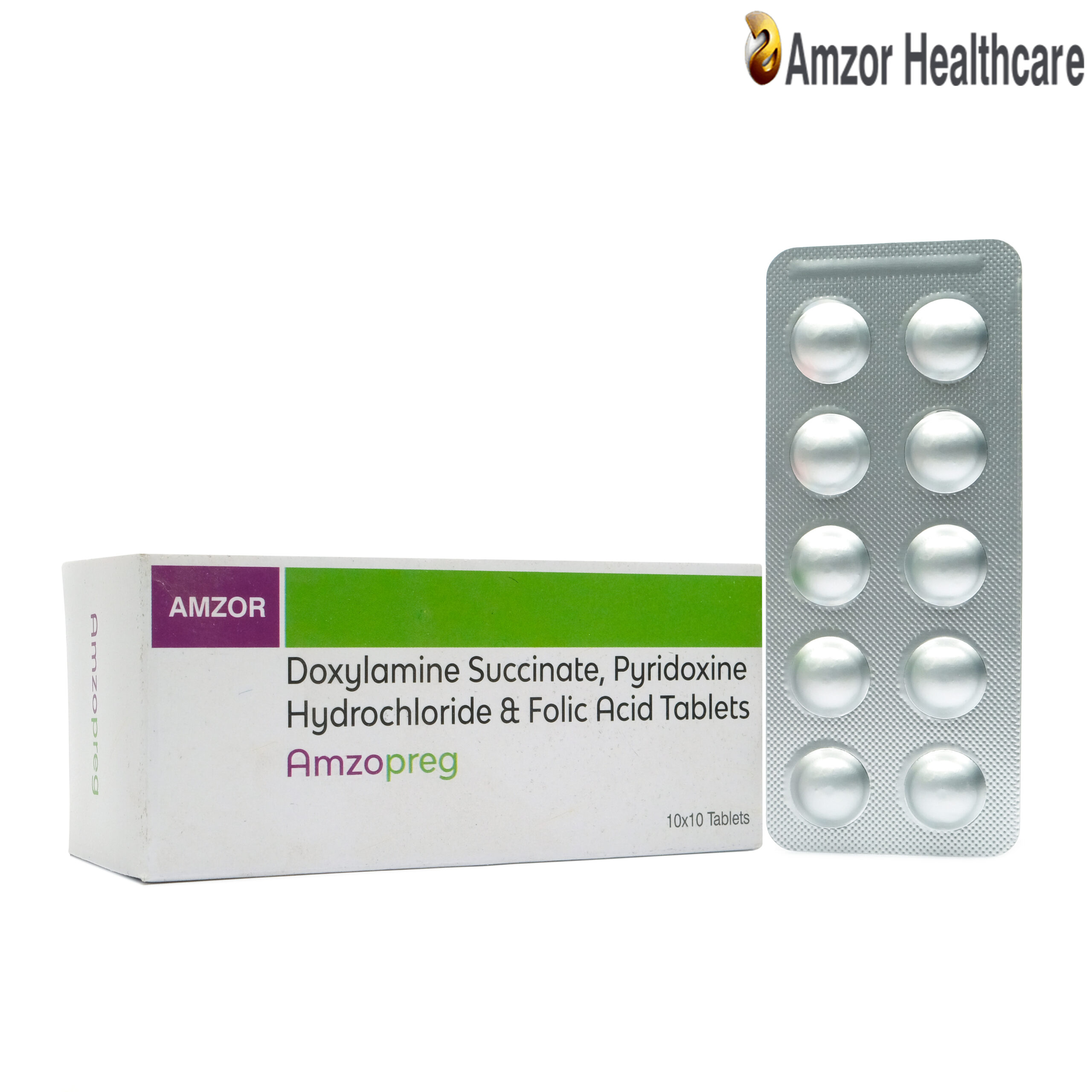 Amzopreg | Doxylamine Succinate, Pyridoxine Hydrochloride & Folic Acid Tablets | By Amzor Healthcare | PCD Pharma Franchise Company in Chandigarh