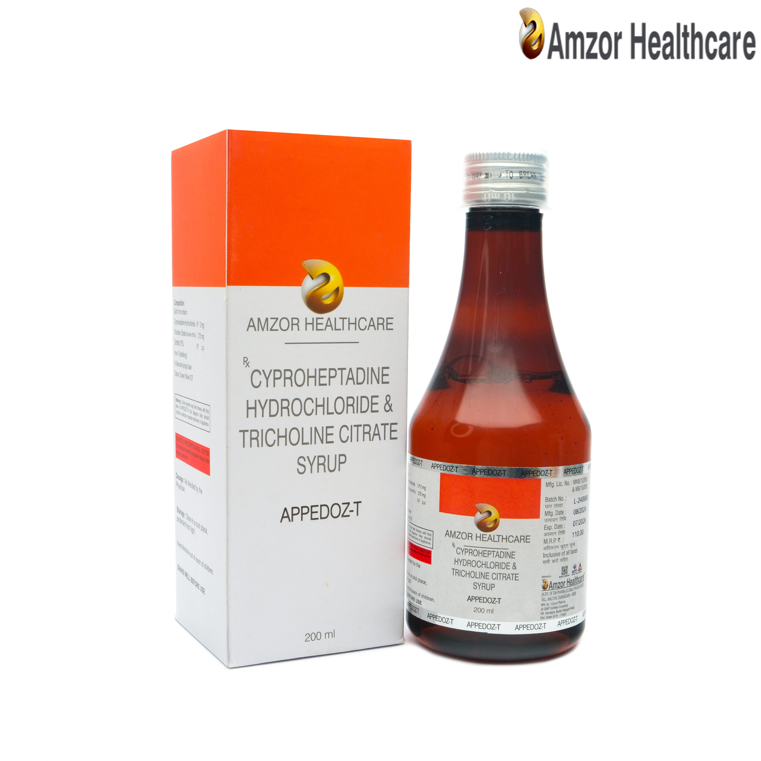 Appedoz-T Syrup | Cyproheptadine Hydrochloride & Tricholine Citrate Syrup | By Amzor Healthcare | PCD Pharma Franchise Company in Chandigarh