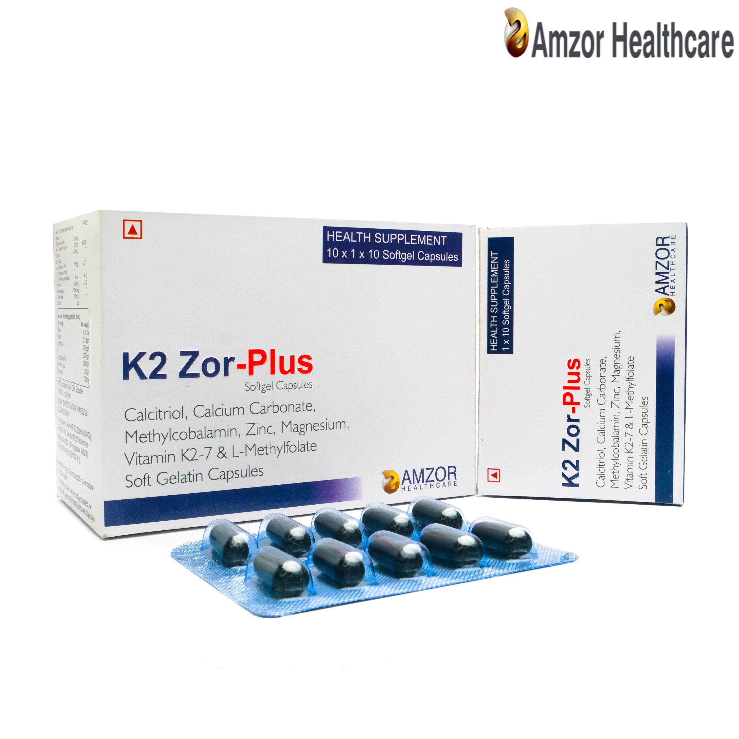 K2 Zor-Plus | Calcitriol, Calcium Carbonate, Methylcobalamin, Zinc, Magnesium, Vitamin K2-7 & L-Methylfolate Soft Gelatin Capsules | By Amzor Healthcare | PCD Pharma Franchise Company in Chandigarh