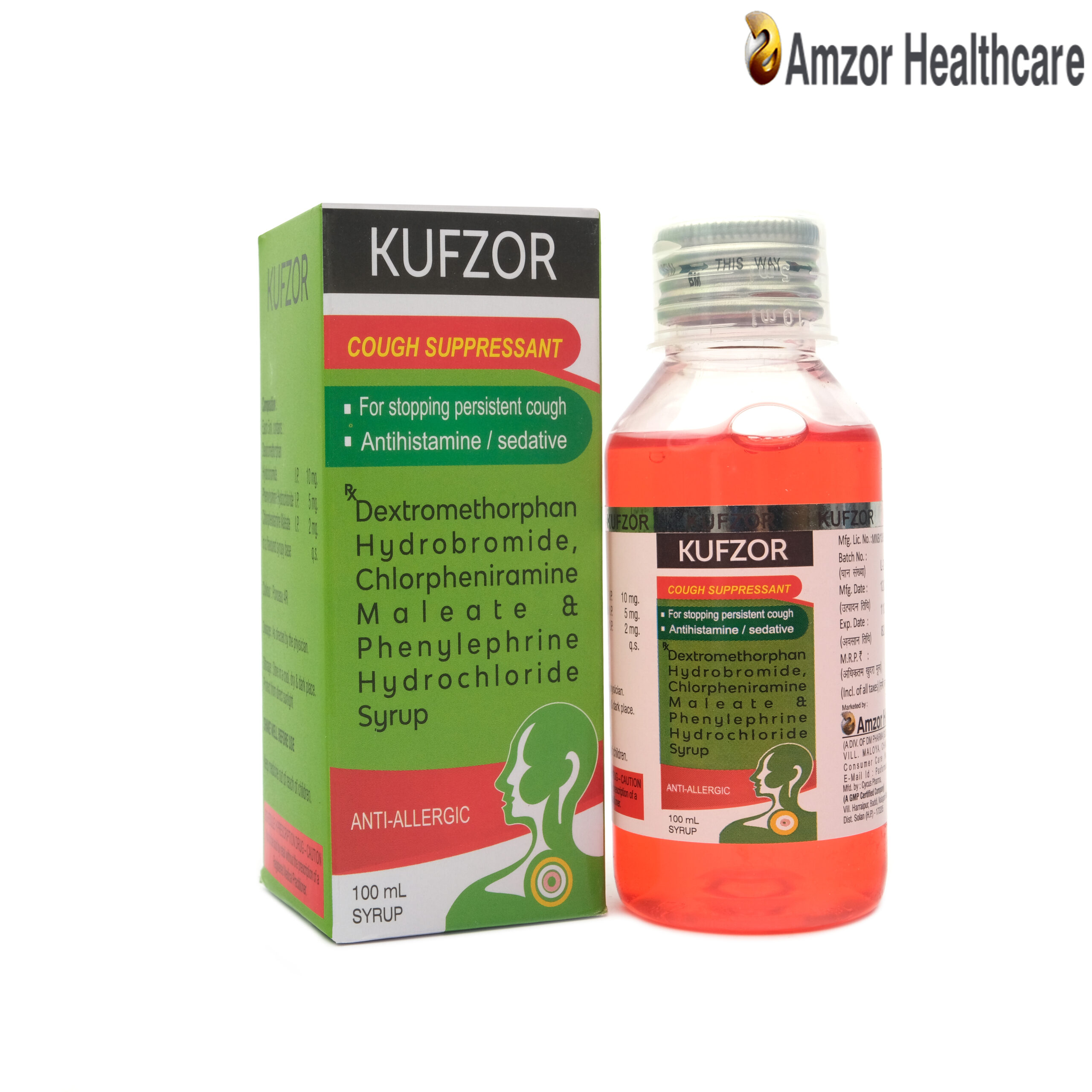 Kufzor Syrup | Dextromethorphan Hydrobromide, Chlorpheniramine Maleate & Phenylephrine Hydrochloride Syrup | By Amzor Healthcare | PCD Pharma Franchise Company in Chandigarh