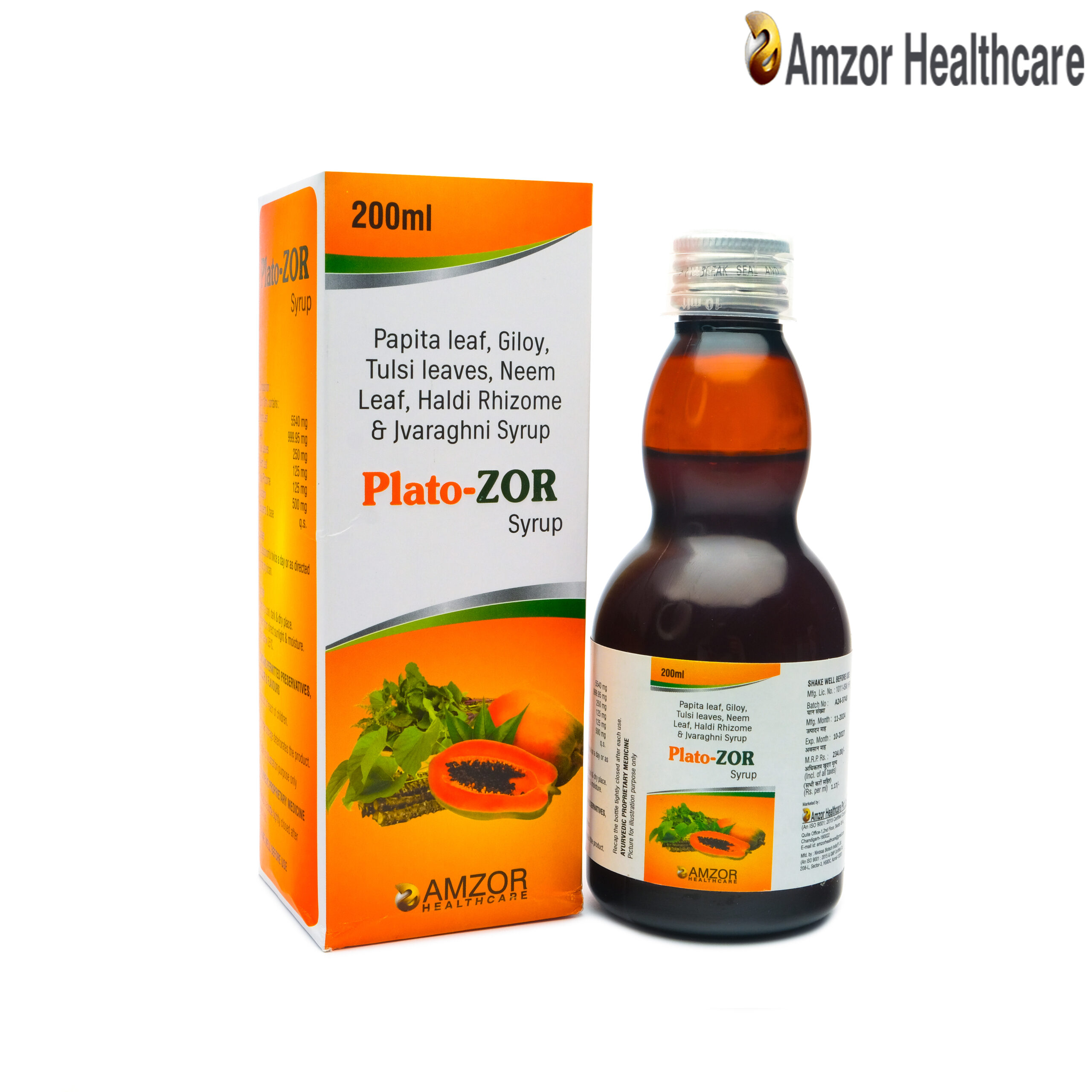 Plato-ZOR Syrup | Papita Leaf, Giloy, Tulsi Leaves, Neem Leaf, Haldi Rhizome & Jvaraghni Syrup | By Amzor Healthcare | PCD Pharma Franchise Company in Chandigarh
