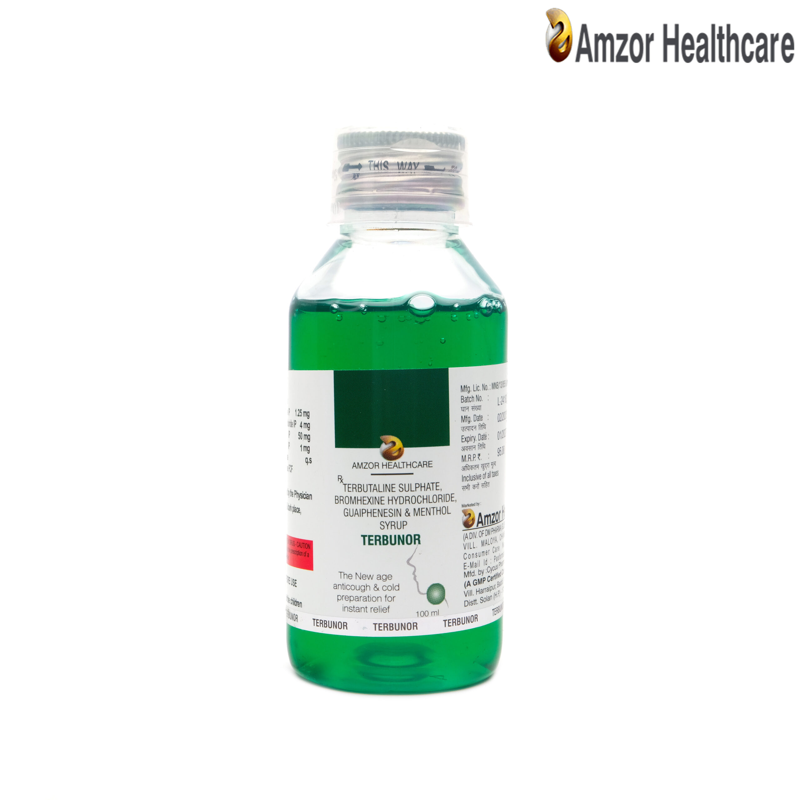 Terbunor | Terbutaline Sulphate, Bromhexine Hydrochloride, Guaiphenesin & Menthol Syrup | By Amzor Healthcare | PCD Pharma Franchise Company in Chandigarh