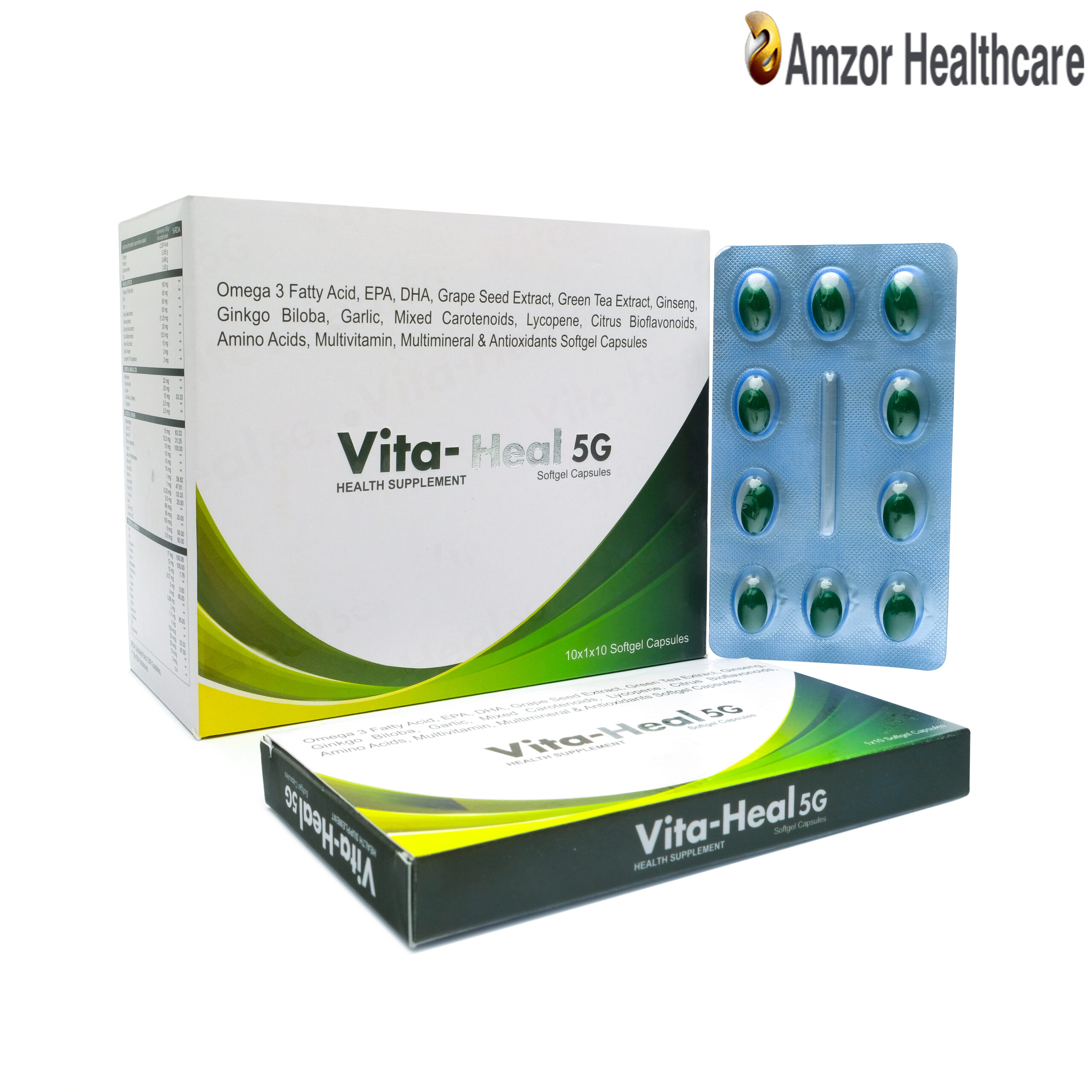 Vita-Heal 5G | Omega 3 Fatty Acid, EPA, DHA, Grape Seed Extract, Green Tea Extract, Ginseng, Ginkgo Biloba, Garlic, Mixed Carotenoids, Lycopene, Citrus Bioflavonoids, Amino Acids, Multivitamin, Multimineral & Antioxidants Softgel Capsules | By Amzor Healthcare | PCD Pharma Franchise Company in Chandigarh